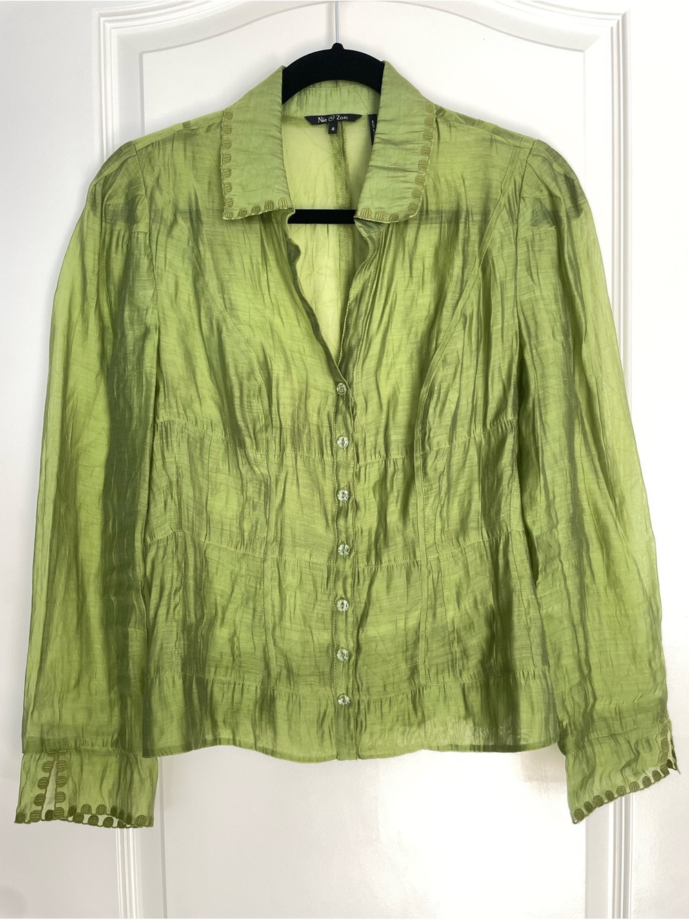 NIC+ ZOE Apple Green Button Up Sheer Blouse Size 8